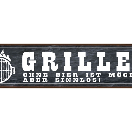 Schild Grillen Bier Alkohol Glas Griller BBQ Fleisch 46 x 10 Blech od. Holz