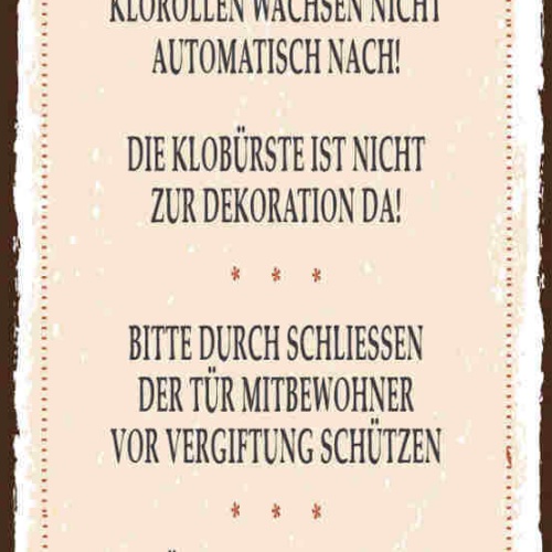 Schild Klo Ordnung Bitte Im Sitzen Pinkeln Klorollen Hände Waschen WC 27x10