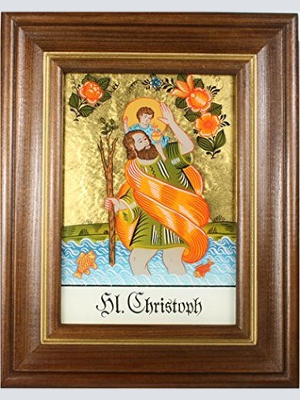 Hinterglaswerkstätten - Hinterglasbild / Patronatsbild Hl. Christoph mit braun