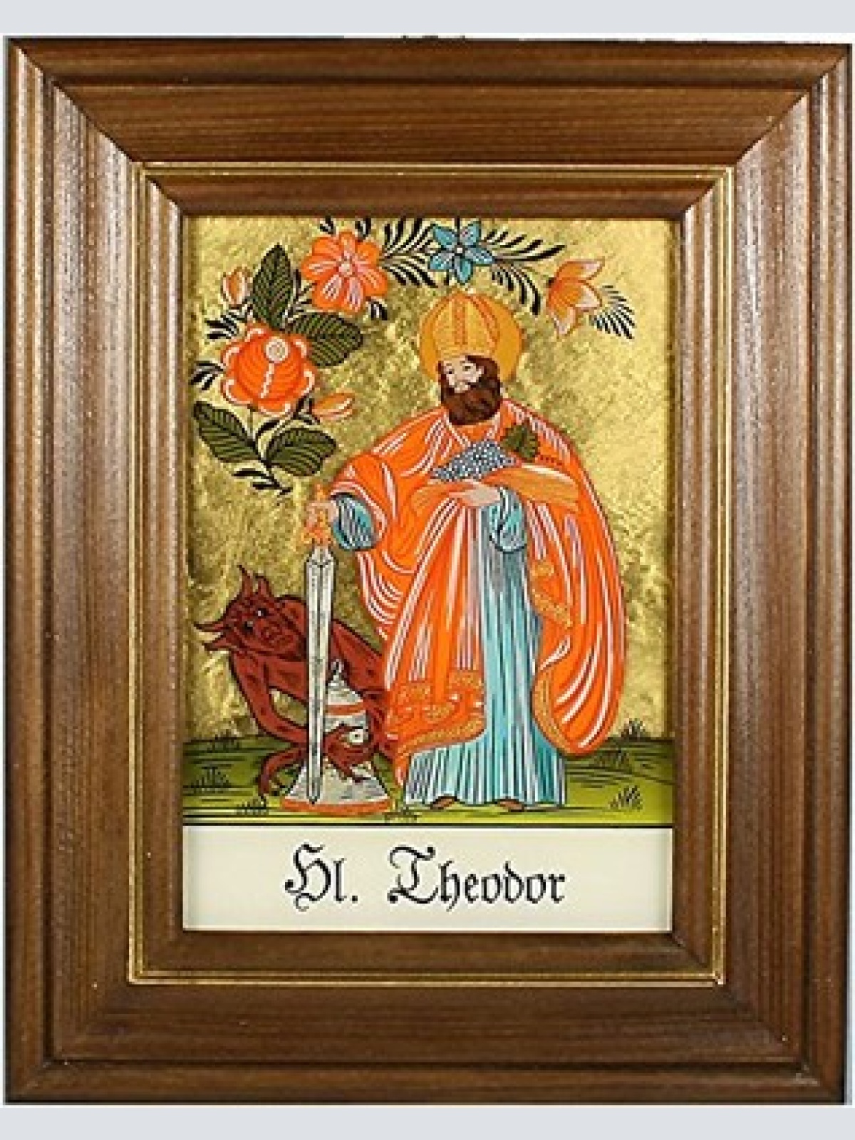 Hinterglaswerkstätten - Hinterglasbild / Patronatsbild Hl. Theodor mit braun