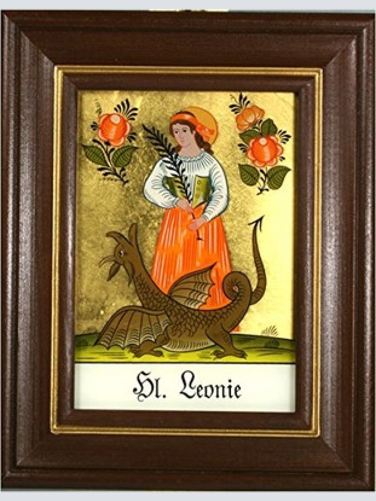 Hinterglaswerkstätten - Hinterglasbild / Patronatsbild Hl. Leonie mit braun