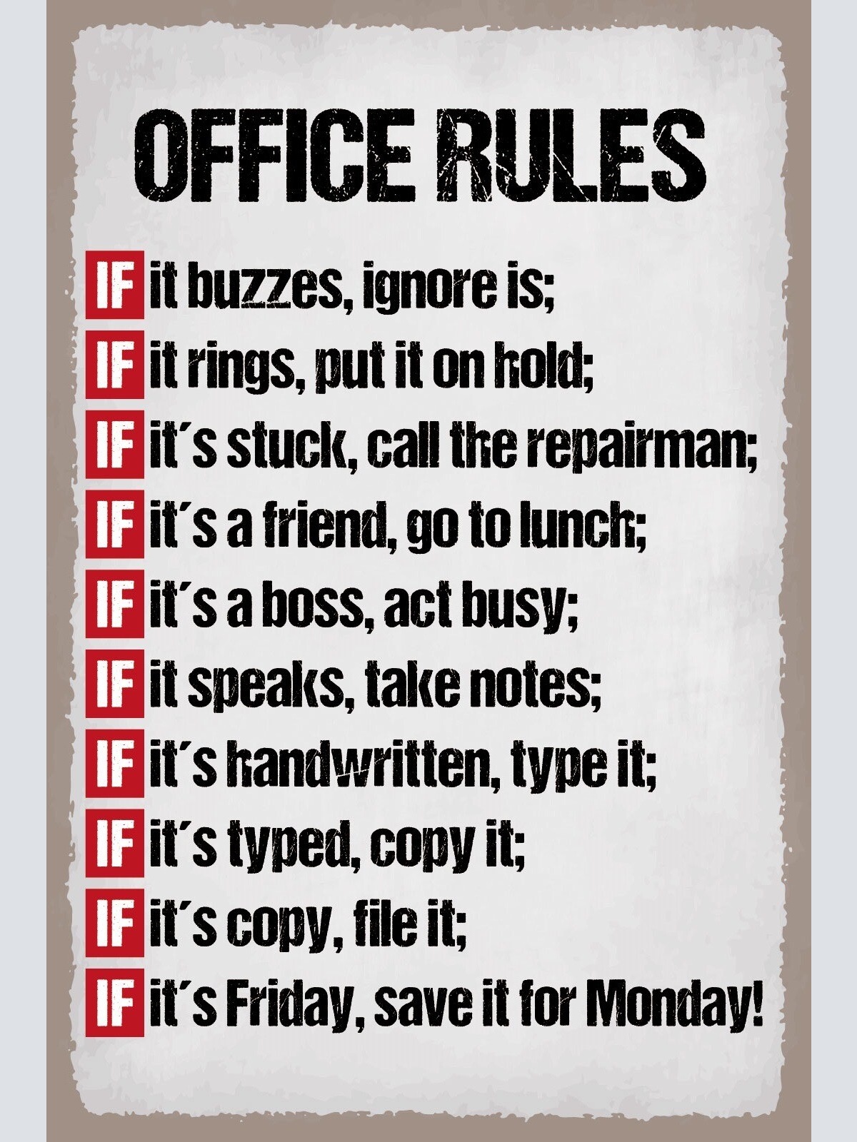 Schild Office Rules Büro Regeln Arbeit 12x18 / 20x30 / 30x40 Blech od. Holz