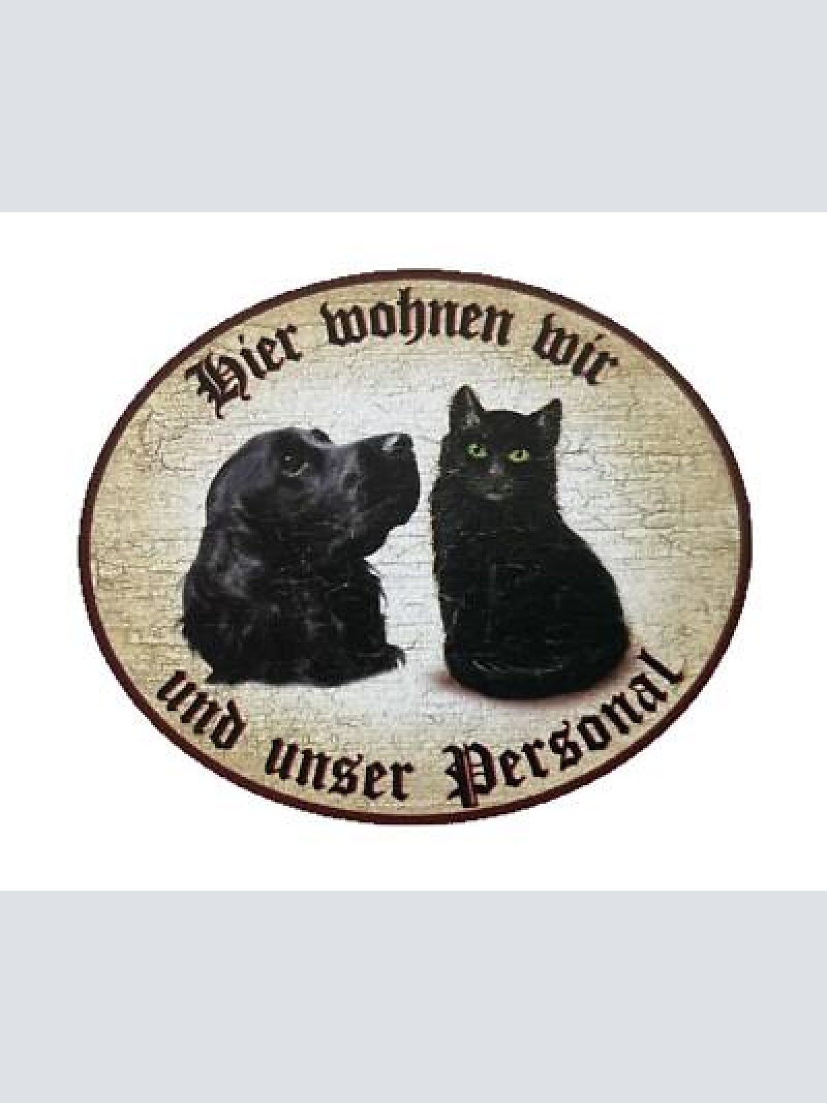 Kuk nostalgie holzschild "hier wohnen wir u.u. personal“ duo katze hund schwarz