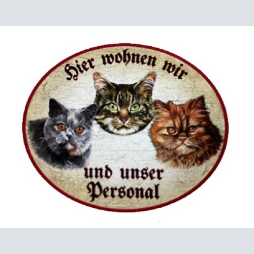 Kuk nostalgie holzschild "hier wohnen wir u.u.personal“ trio katze tabby blaurot