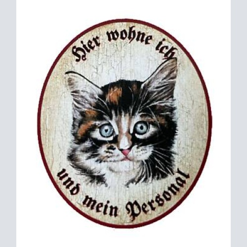 Kuk nostalgie holzschild "hier wohne ich und mein personal“ glücks katze junges