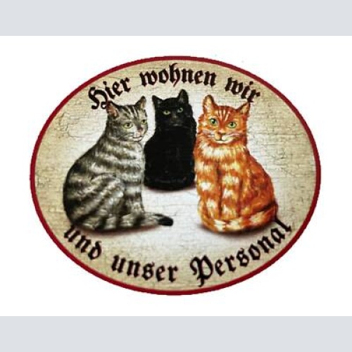 Kuk nostalgie holzschild "hier wohnen wir u.u. personal“ trio katze tabby rot s