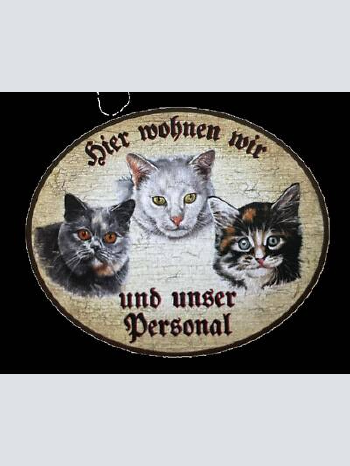 Kuk nostalgie holzschild “hier wohnen wir u.u. personal“ trio katze r.blau weiß