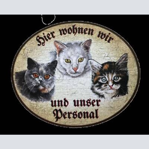 Kuk nostalgie holzschild “hier wohnen wir u.u. personal“ trio katze r.blau weiß