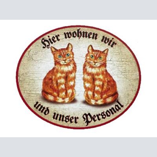 Kuk nostalgie holzschild “hier wohnen wir u.u. personal“ duo katze rot