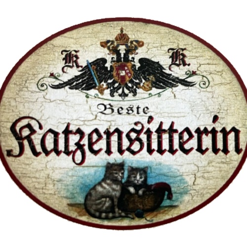 KuK Nostalgie Holzschild "Beste Katzensitterin“ Duo Katze Tabby Getigert Korb