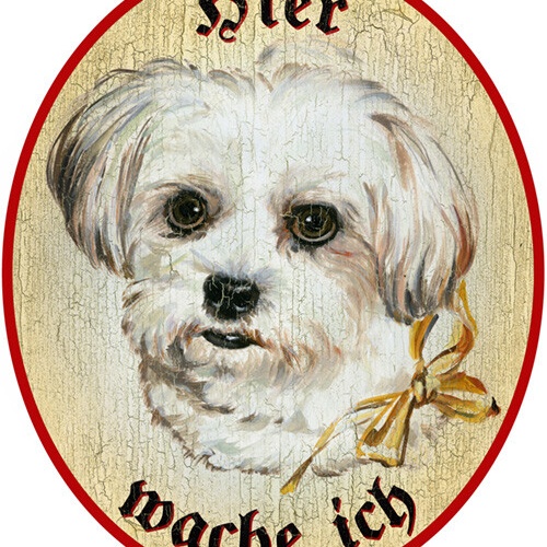 KuK Nostalgie Holzschild "Hier wache ich" Malteser Hund