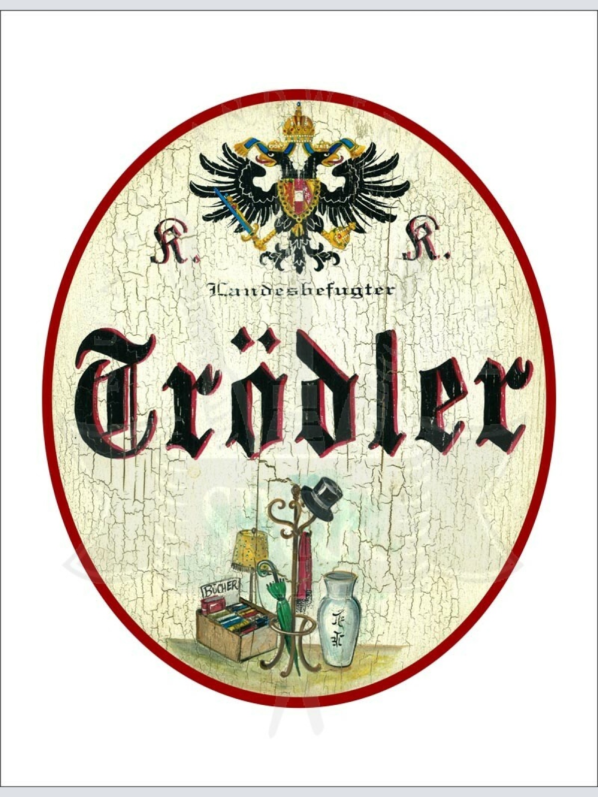 KuK Nostalgie Holzschild - Landesbefugter Trödler - Antiquitäten TH