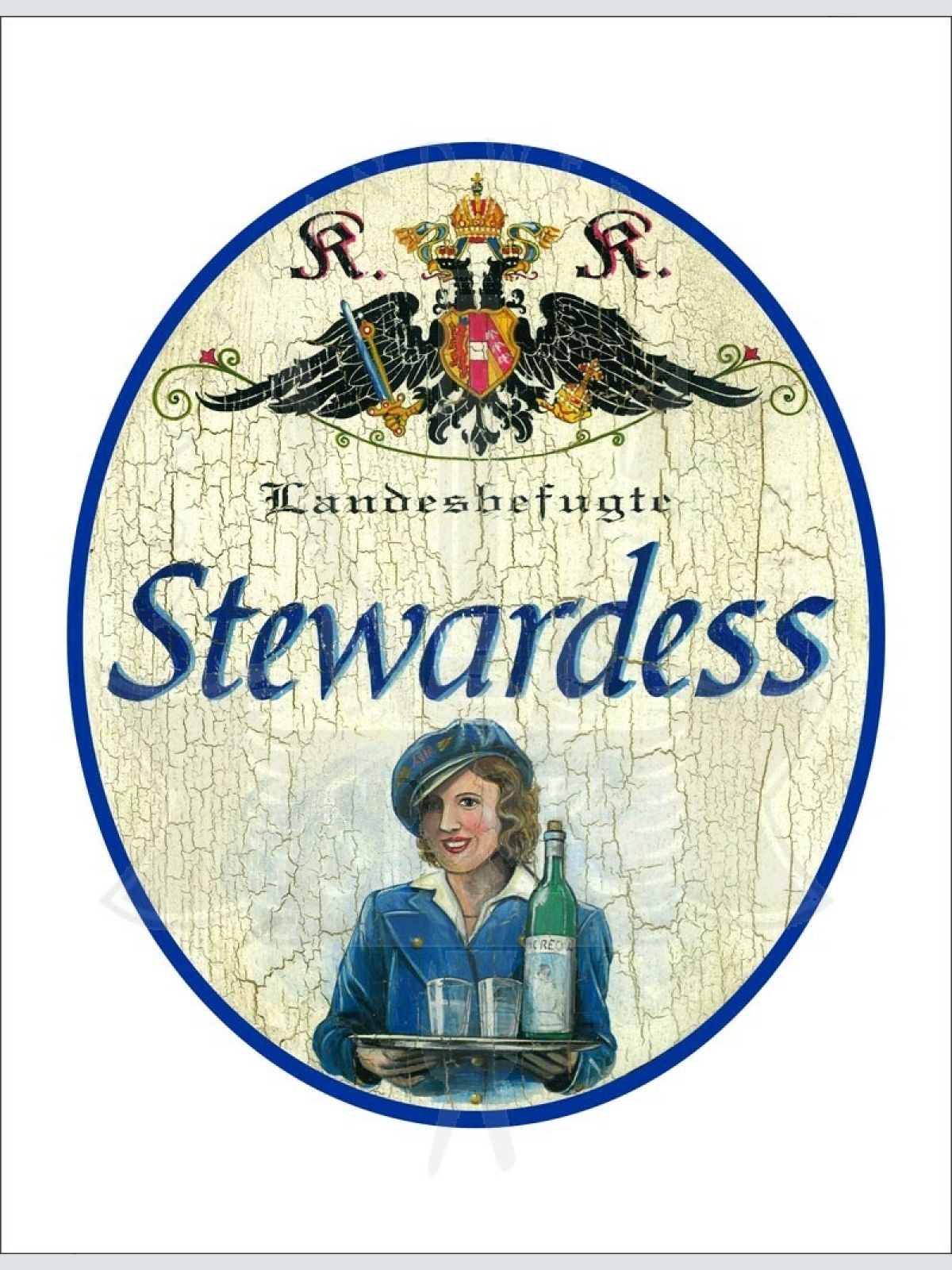 KuK Nostalgie Holzschild - Landesbefugte Stewardess - Flasche Gläser TH