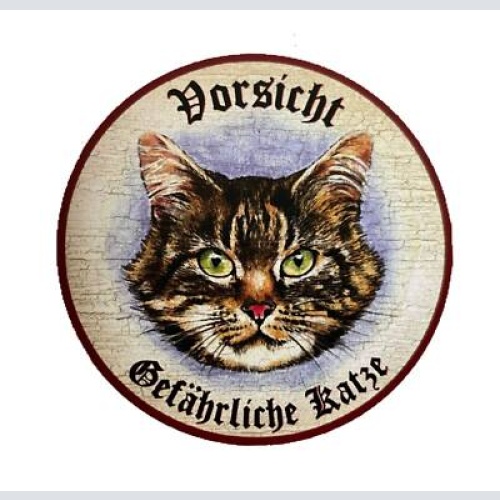 Kuk nostalgie holzschild "vorsicht gefährliche katze“ tabby getigert
