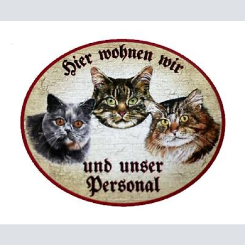 Kuk nostalgie holzschild "hier wohnen wir u.u. personal“ trio katze tabby blau