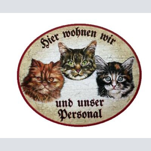 Kuk nostalgie holzschild "hier wohnen wir u.u. personal“ trio katze tabby baby r