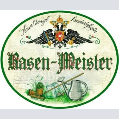 Kuk nostalgie holzschild - landesbefugter rasen-meister - rechen gießkanne th