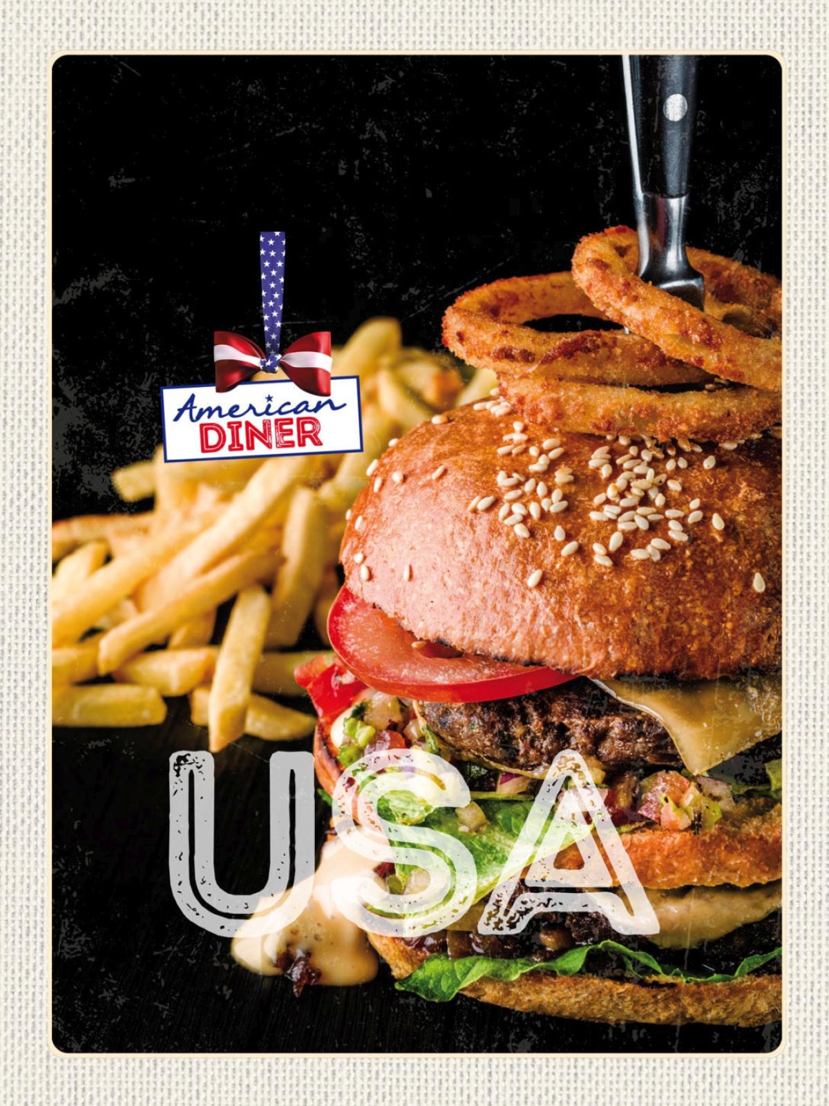 Schild USA American Diner Burger Fast Food Pommes 12x18 20x30 30x40 Blech/Holz