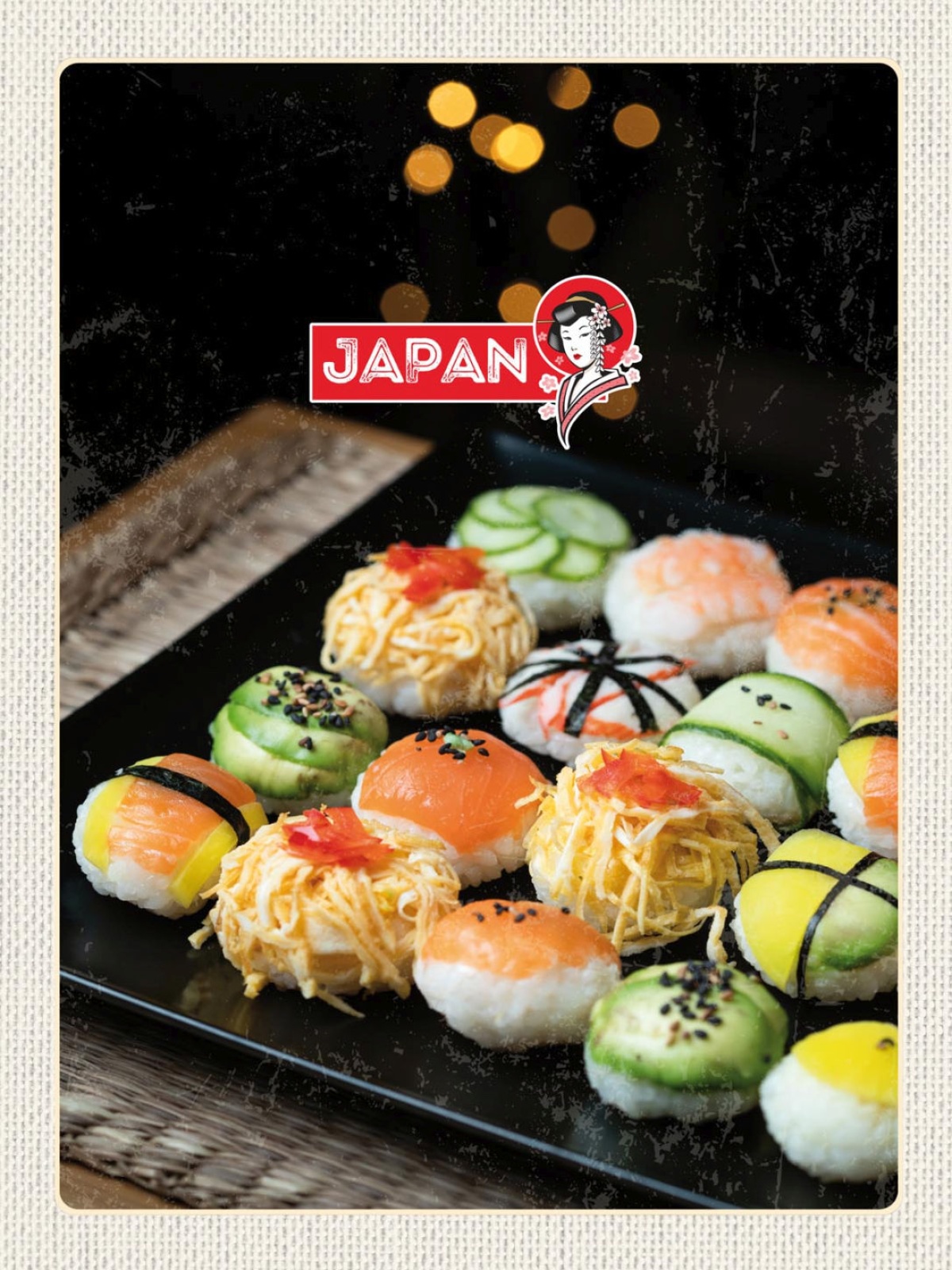 Schild Japan Sushi Fisch Platte Essen Spezialität 12x18 20x30 30x40 Blech/Holz