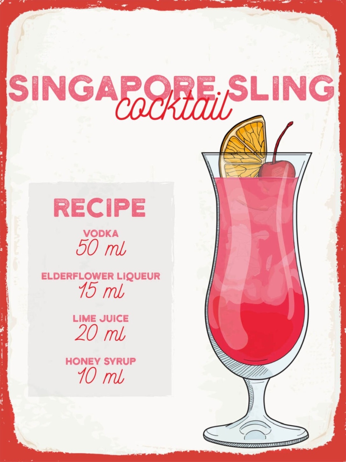 Schild Singapore Sling Rezept Bar Alkohol Drinks 2x18 20x30 30x40 Blech/Holz
