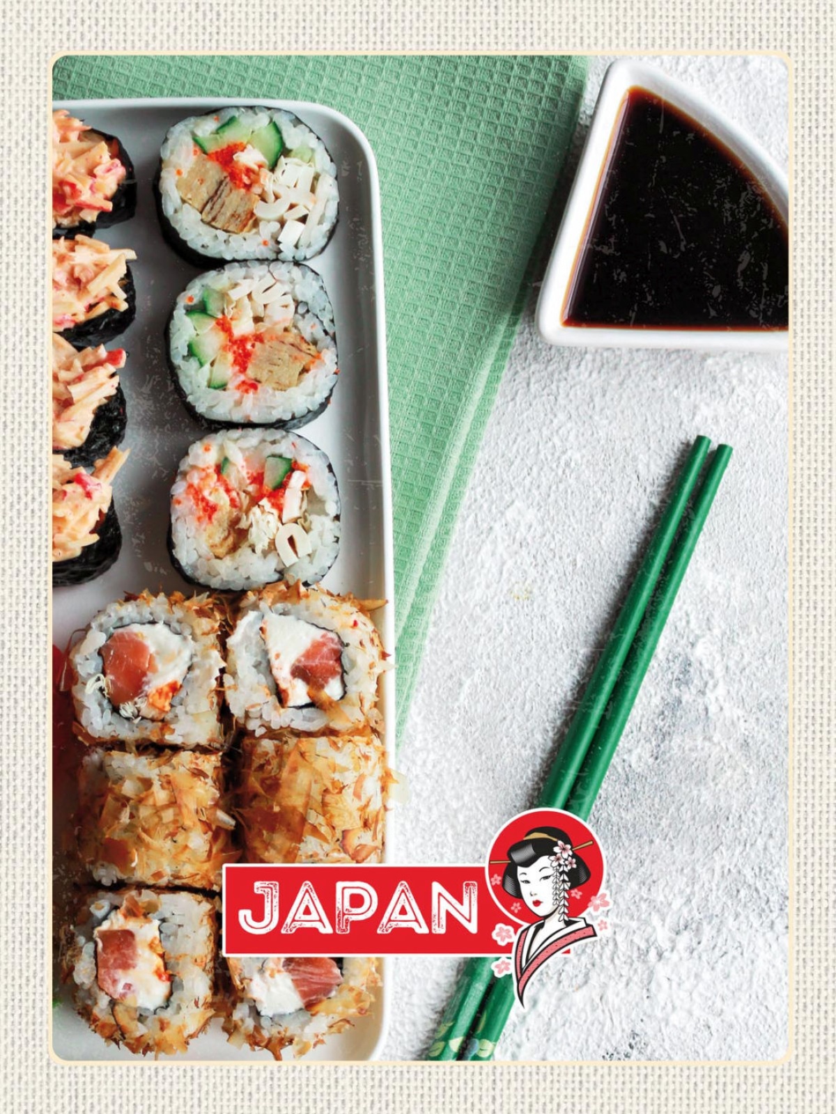 Schild Japan Sushi Fisch Stäbchen Essen Spezialität 12x18 20x30 30x40 Blech/Holz