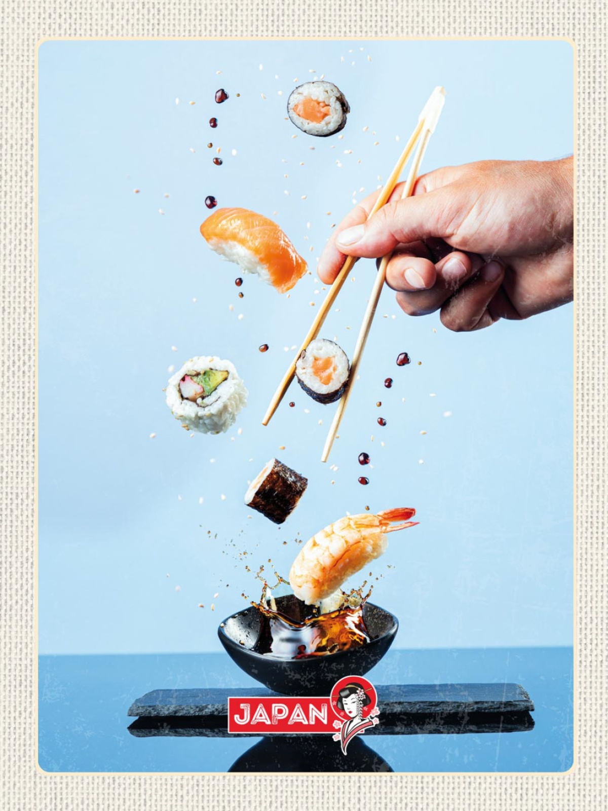 Schild Japan Sushi Fisch Stäbchen Essen Spezialität 12x18 20x30 30x40 Blech/Holz