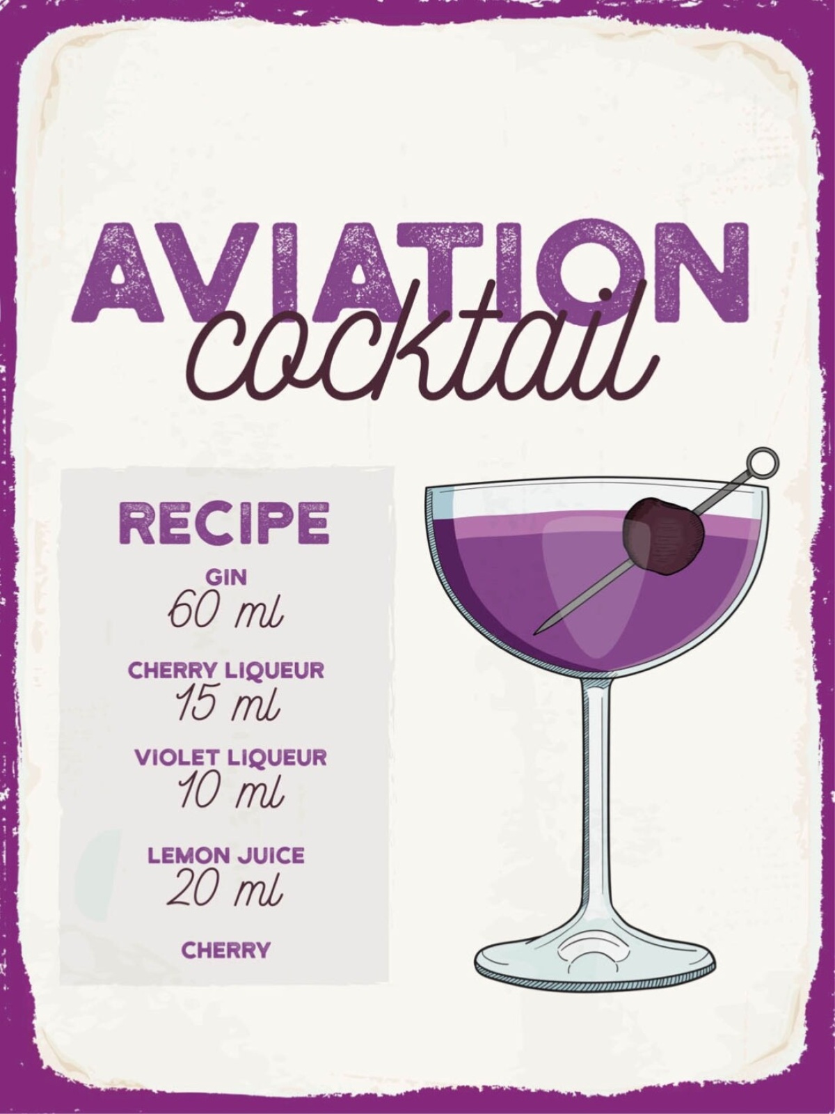 Schild Aviation Cocktail Rezept Bar Alkohol Drink 12x18 20x30 30x40 Blech/Holz