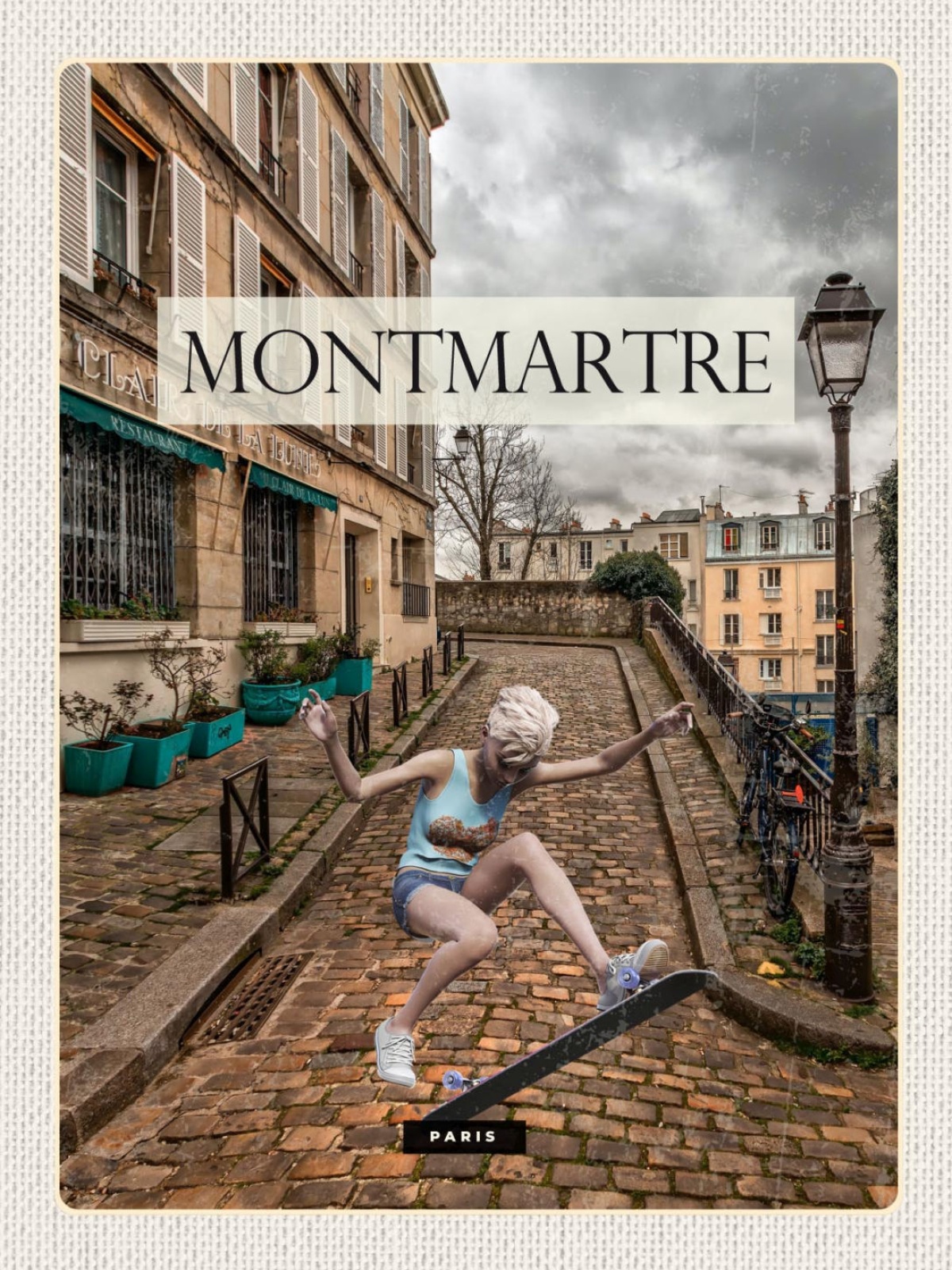 Schild Montmartre Paris Frankreich Statue Skater 12x18 20x30 30x40 Blech/Holz