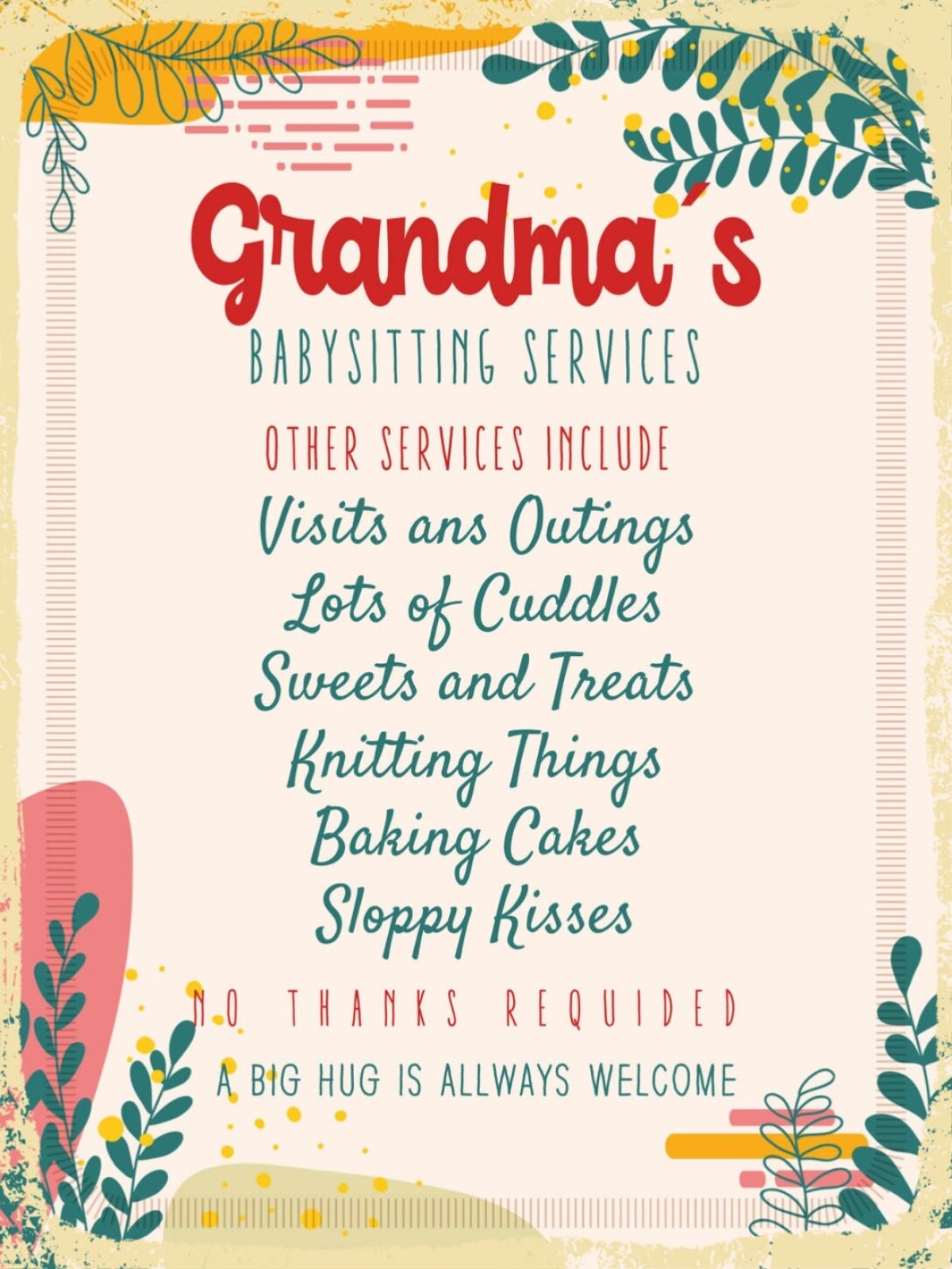 Schild Grandma's Babysitting Service Baby Oma 12x18 20x30 30x40 Blech/Holz