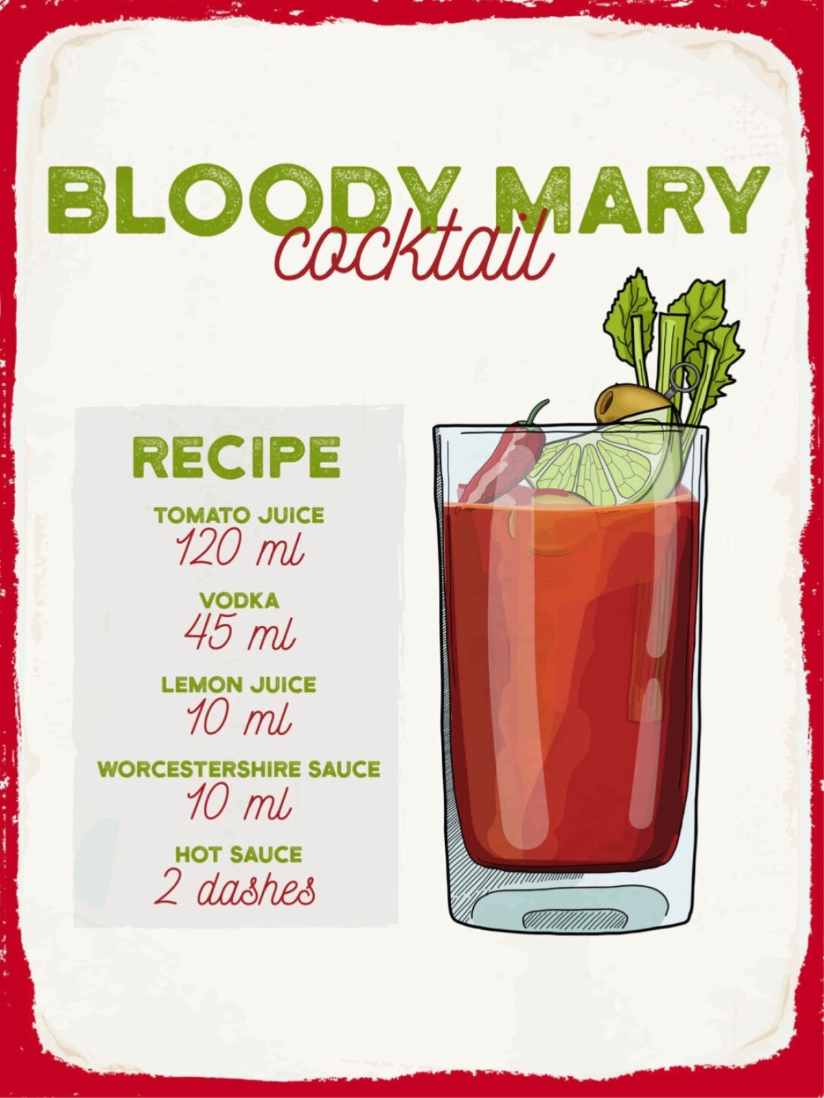 Schild Bloody Mary Cocktail Rezept Bar Alkohol 12x18 20x30 30x40 Blech/Holz