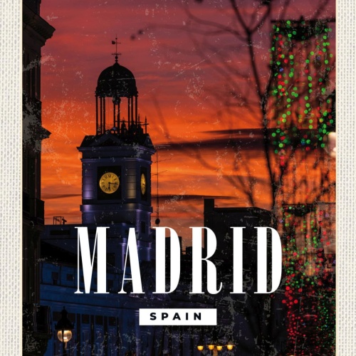 Schild Madrid Spain Spanien Stadt Nacht Turm 12x18 20x30 30x40 Blech od. Holz