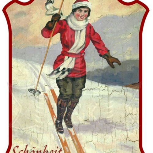 KuK Nostalgie Holzschild "Schönheit durch Bewegung- Skifahren"