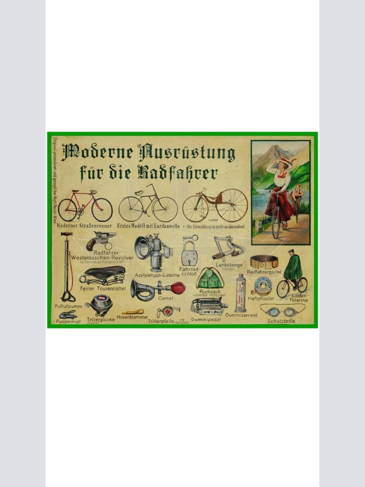 KuK Nostalgie Holzschild "Moderne Ausrüstung für die Radfahrer"