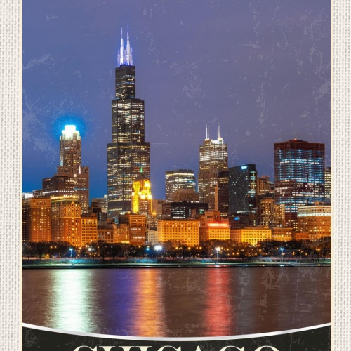 Schild Chicago USA Illinois Stadt Ansicht Nacht 12x18 20x30 30x40 Blech/Holz
