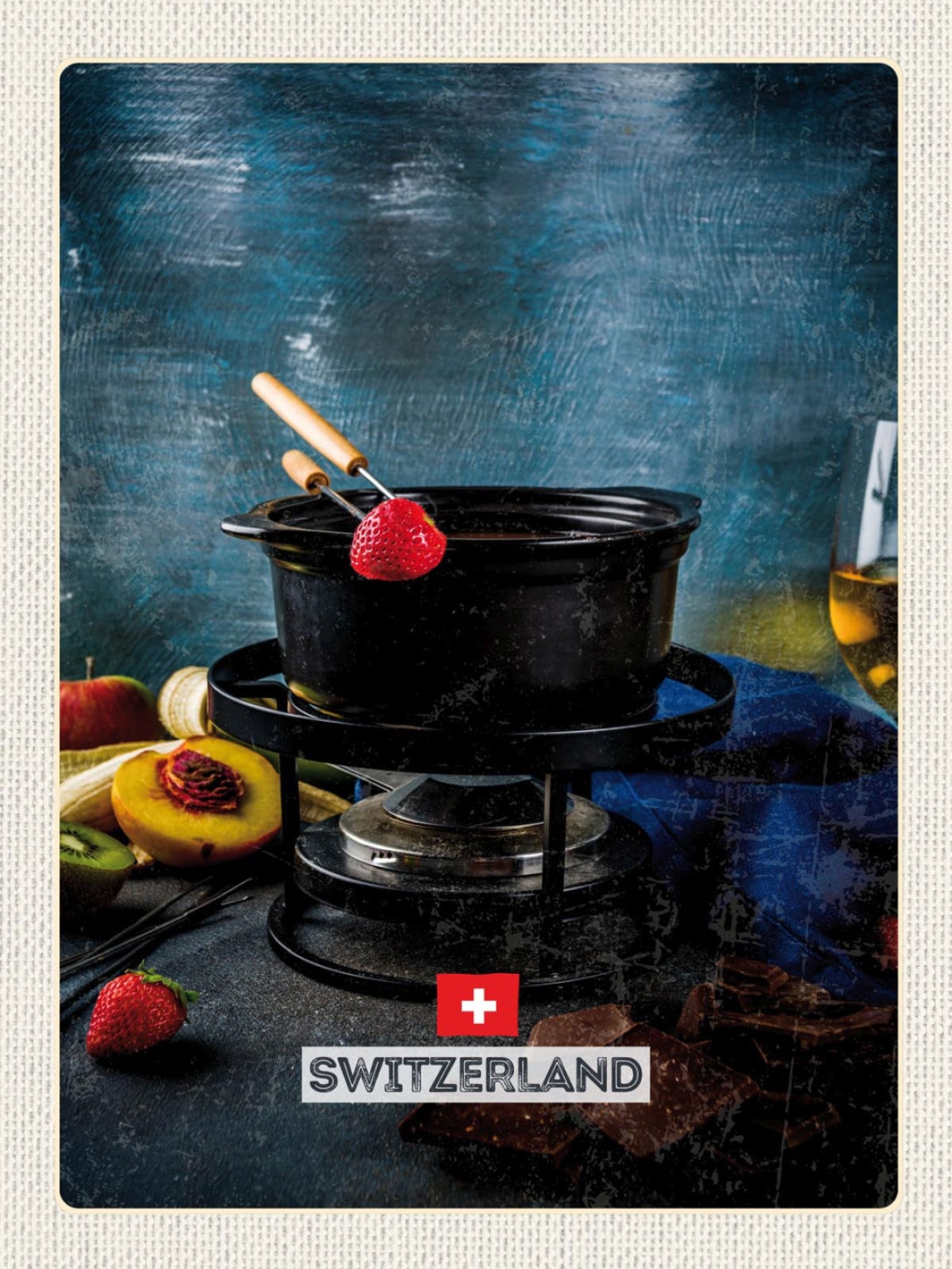 Schild Switzerland Schweiz Käse Fondue Früchte Obst 12x18 20x30 30x40 Blech/Holz