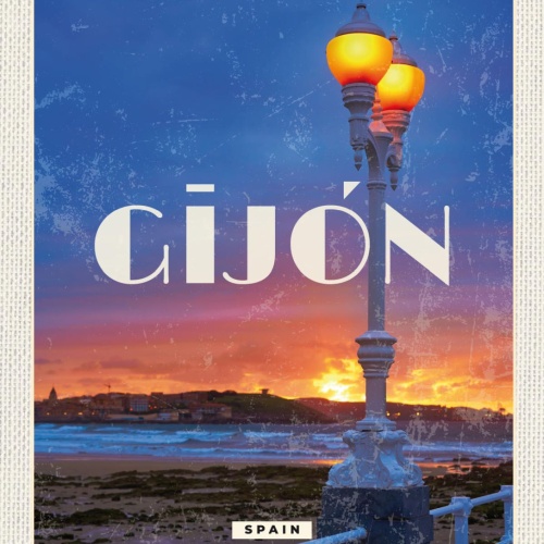 Schild Gijón Spain Spanien Stadt Nacht Strand 12x18 20x30 30x40 Blech od. Holz