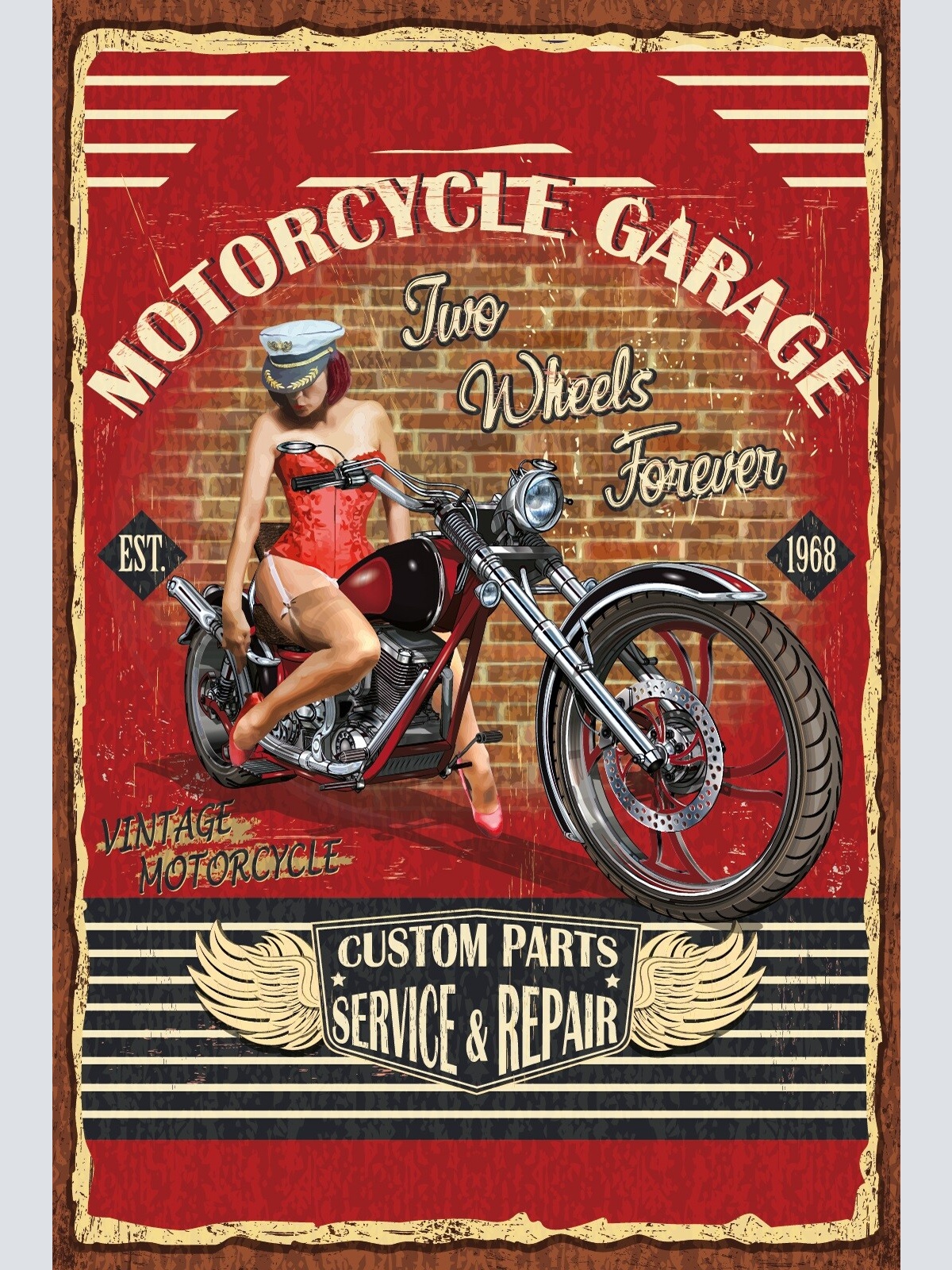 Nostalgie Schild Motorcycle Garage Motorrad 12x18 / 20x30 / 30x40 Blech od. Holz