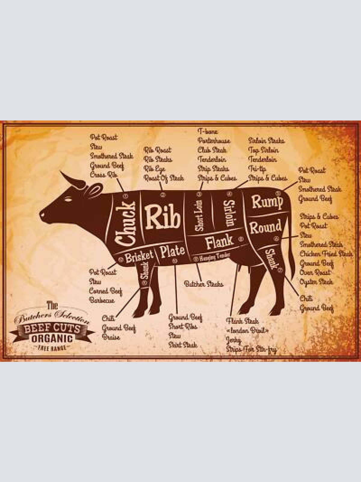 Nostalgie schild beef cuts kuh rind diagramm 12x18 / 20x30 / 30x40 blech od.holz