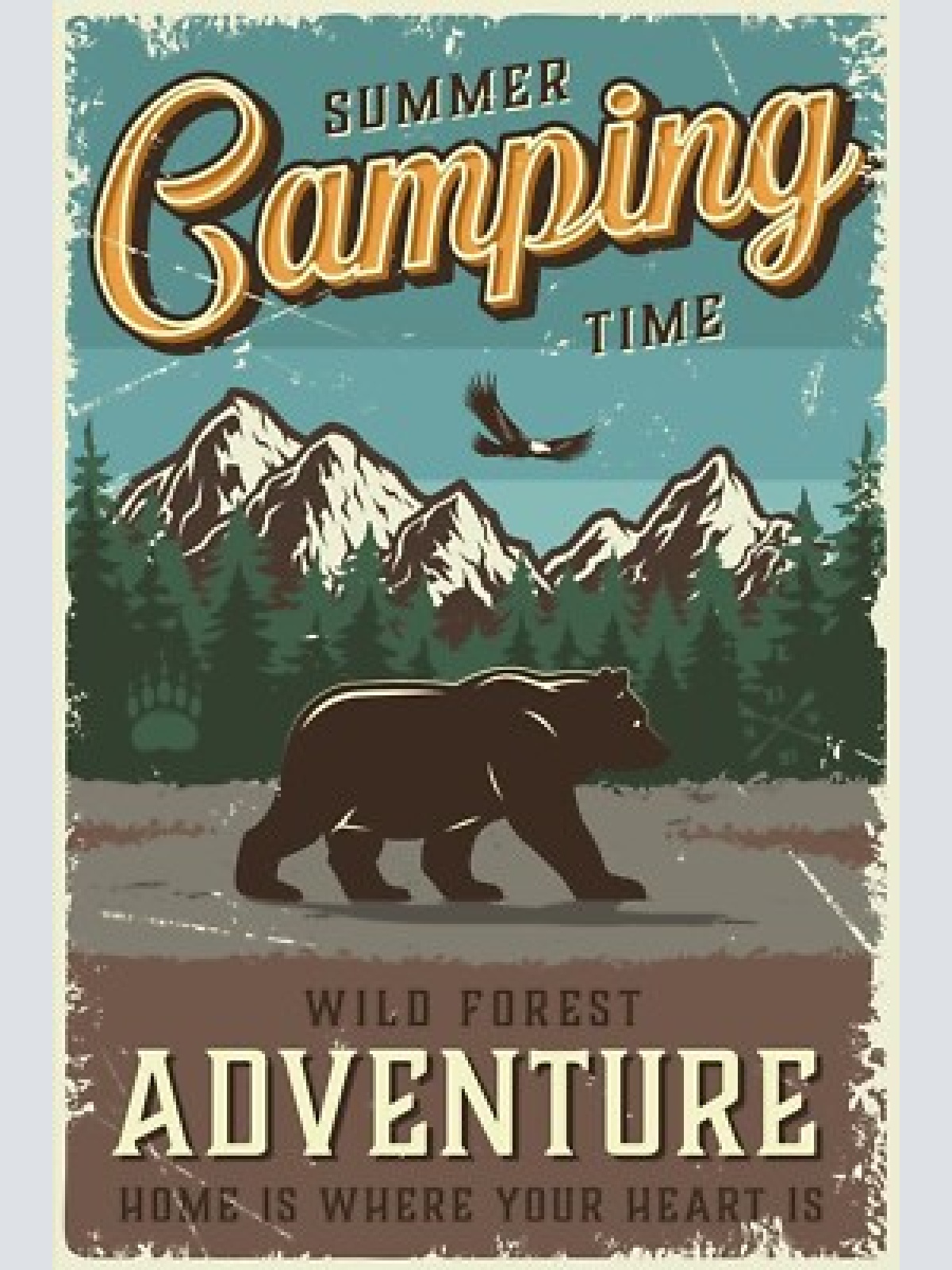 Nostalgie schild summer camping time bär 12x18 / 20x30 / 30x40 blech od. holz