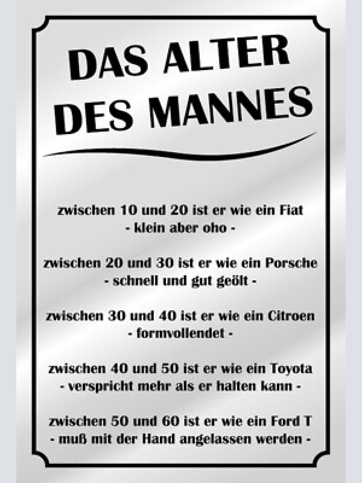 Das alter des mannes spruch lustig humor  12x18 / 20x30 / 30x40 blech od. holz