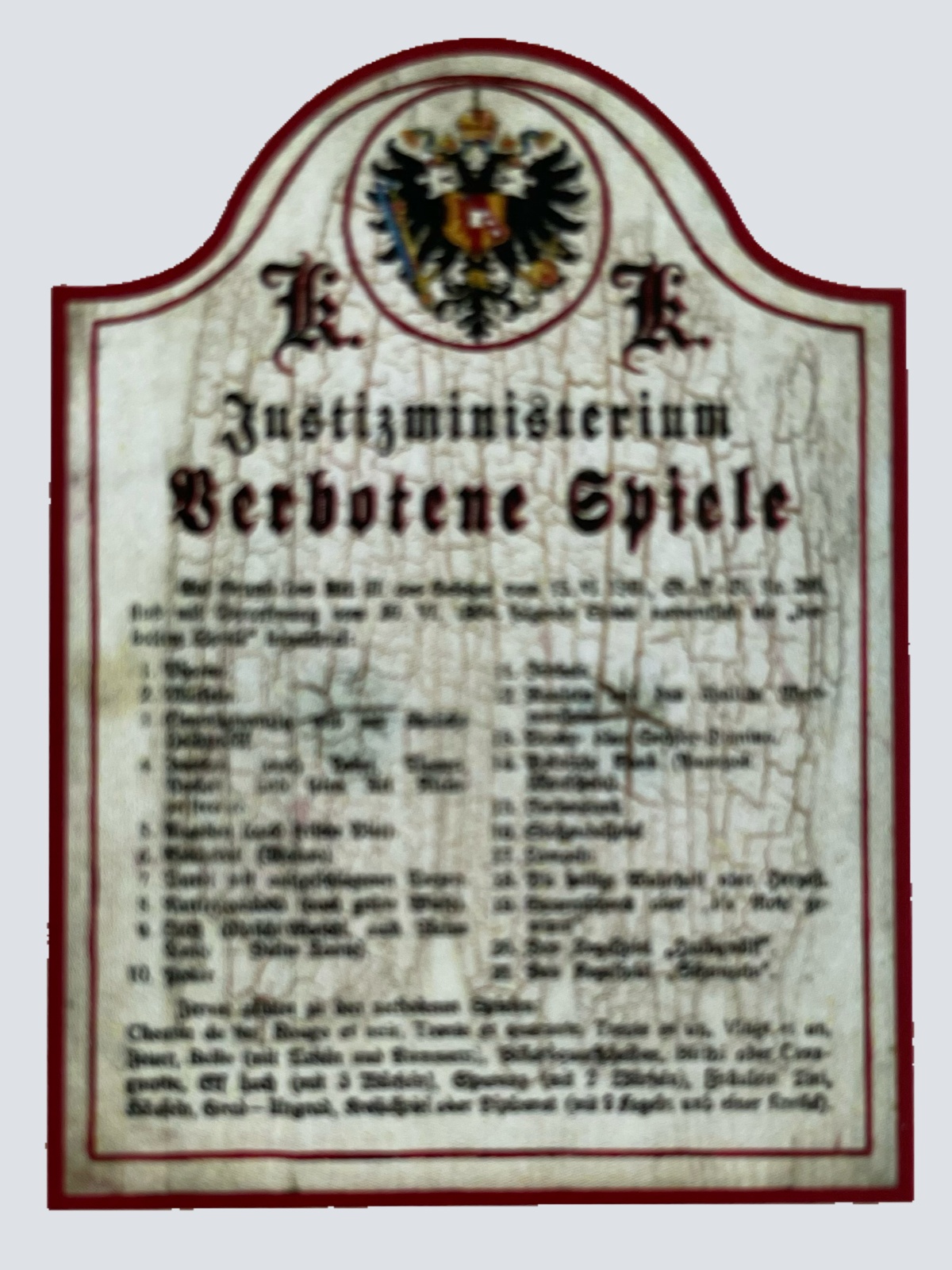 KuK Nostalgie Holzschild Justizministerium Verbotene Spiele Liste Schild