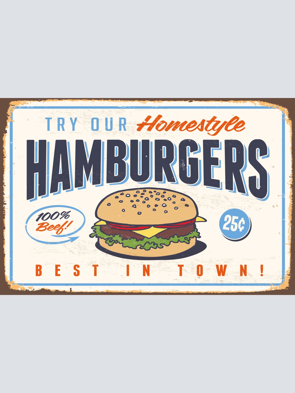 Nostalgie Schild Homestyle Hamburgers Beef 12x18 / 20x30 / 30x40 Blech od. Holz