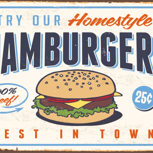 Nostalgie Schild Homestyle Hamburgers Beef 12x18 / 20x30 / 30x40 Blech od. Holz