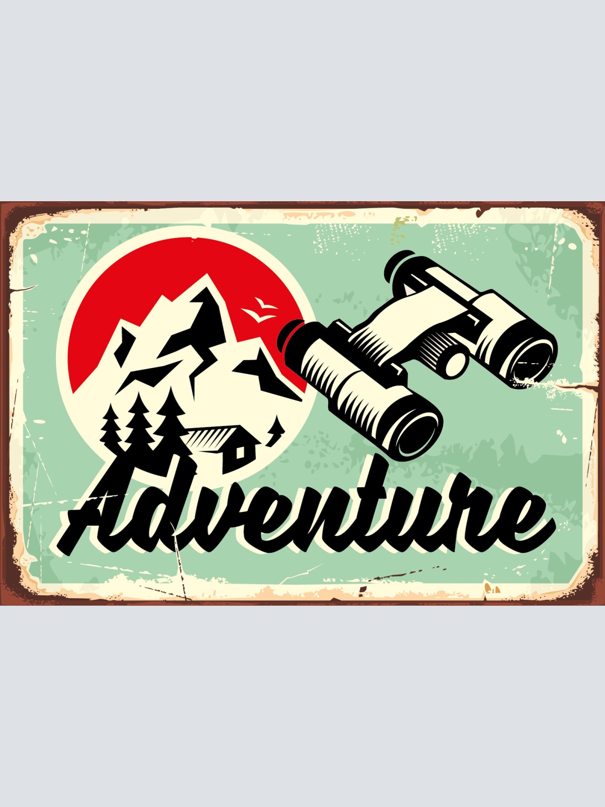 Nostalgie Schild Adventure Fernglas Berg 12x18 / 20x30 / 30x40 Blech od. Holz