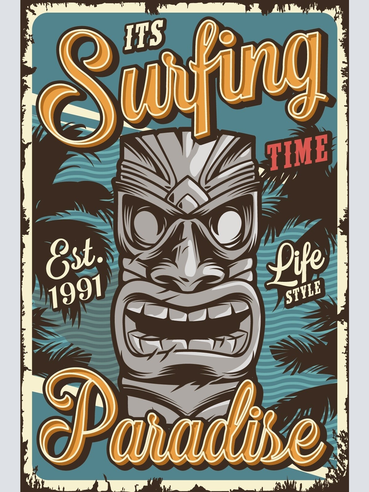 Nostalgie Schild Surfing Time Paradise Tiki 12x18 / 20x30 / 30x40 Blech od. Holz