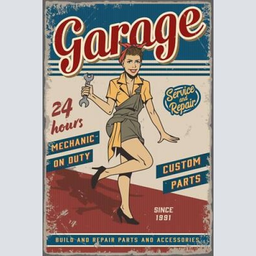 Nostalgie schild garage 24h mechanikerin 12x18 / 20x30 / 30x40 blech od. holz