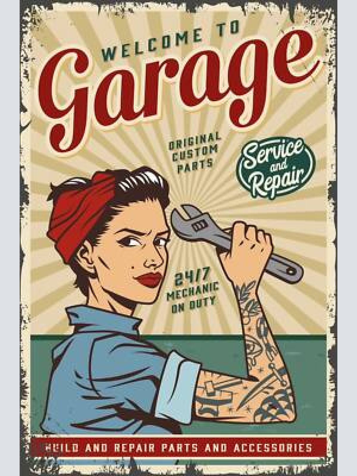 Nostalgie schild welcome to garage frau auto 12x18 / 20x30 / 30x40 blech od.holz