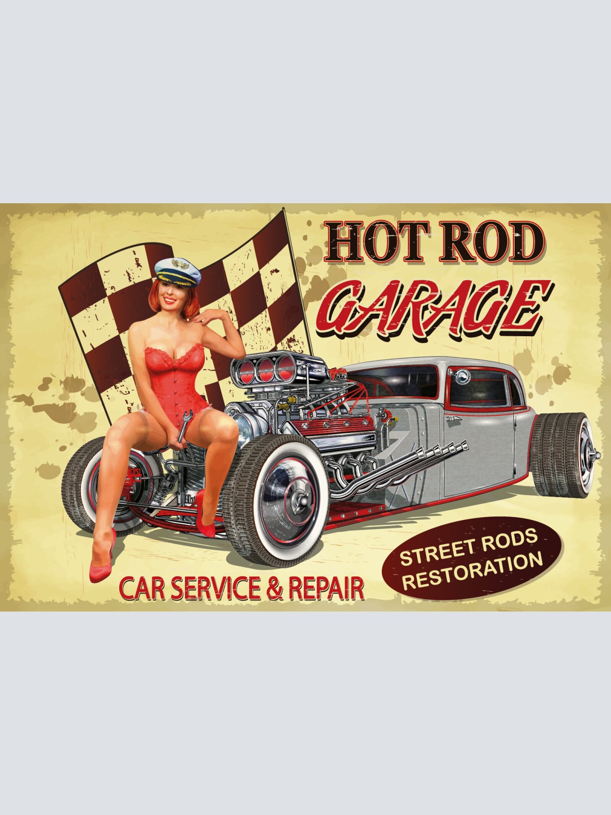 Nostalgie Schild Hot Rod Garage Frau Fahne 12x18 / 20x30 / 30x40 Blech od. Holz