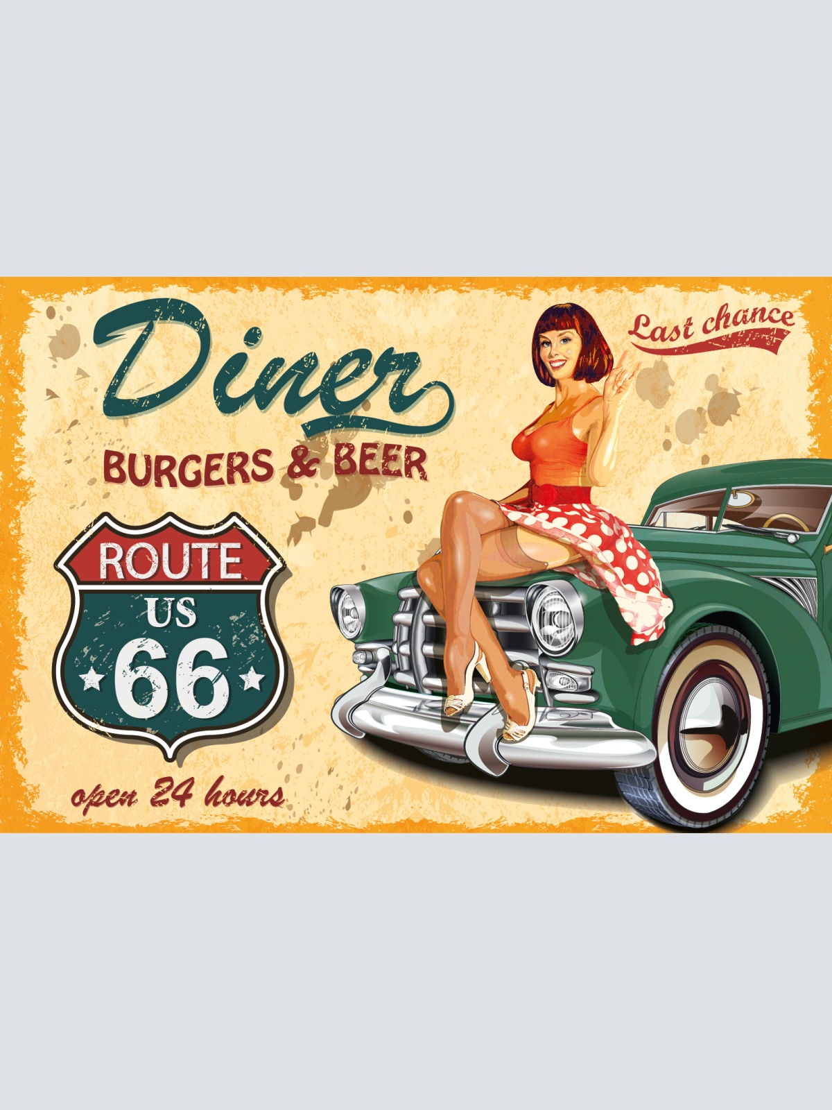 Nostalgie Schild Diner Burger Beer Frau Auto 12x18 / 20x30 / 30x40 Blech od.Holz