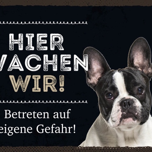 Schild Hier Wachen Wir Franz. Bulldogge Gefahr Hund 12x18 20x30 30x40 Blech/Holz
